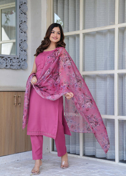 Mauve Solid Kurti Pants with Printed Dupatta