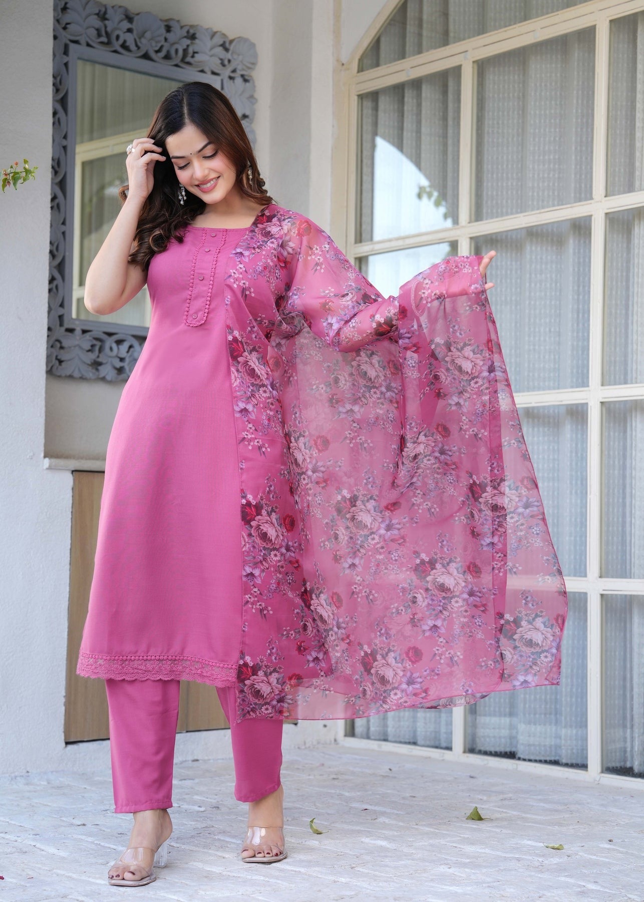 Mauve Solid Kurti Pants with Printed Dupatta