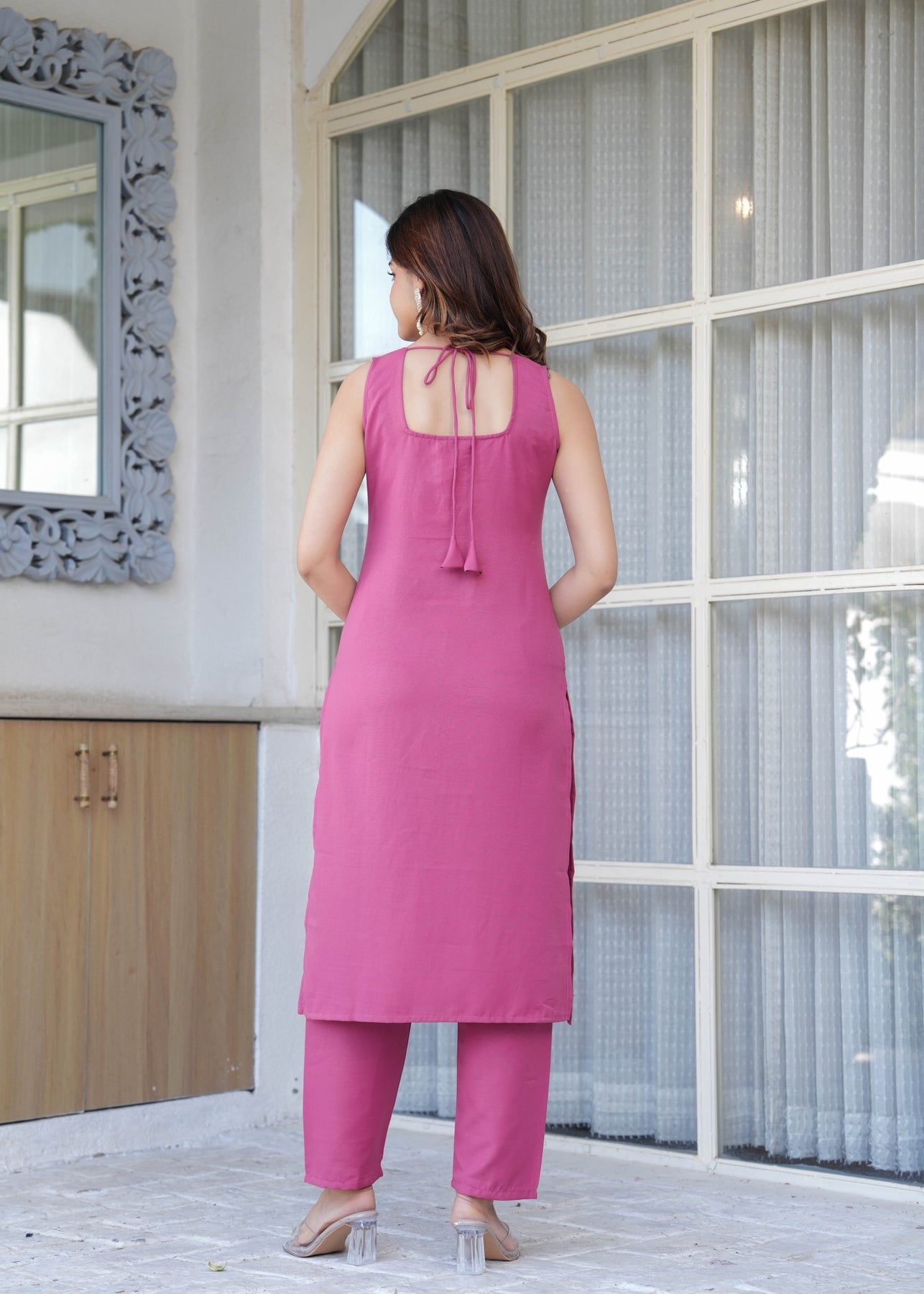 Mauve Solid Kurti Pants with Printed Dupatta