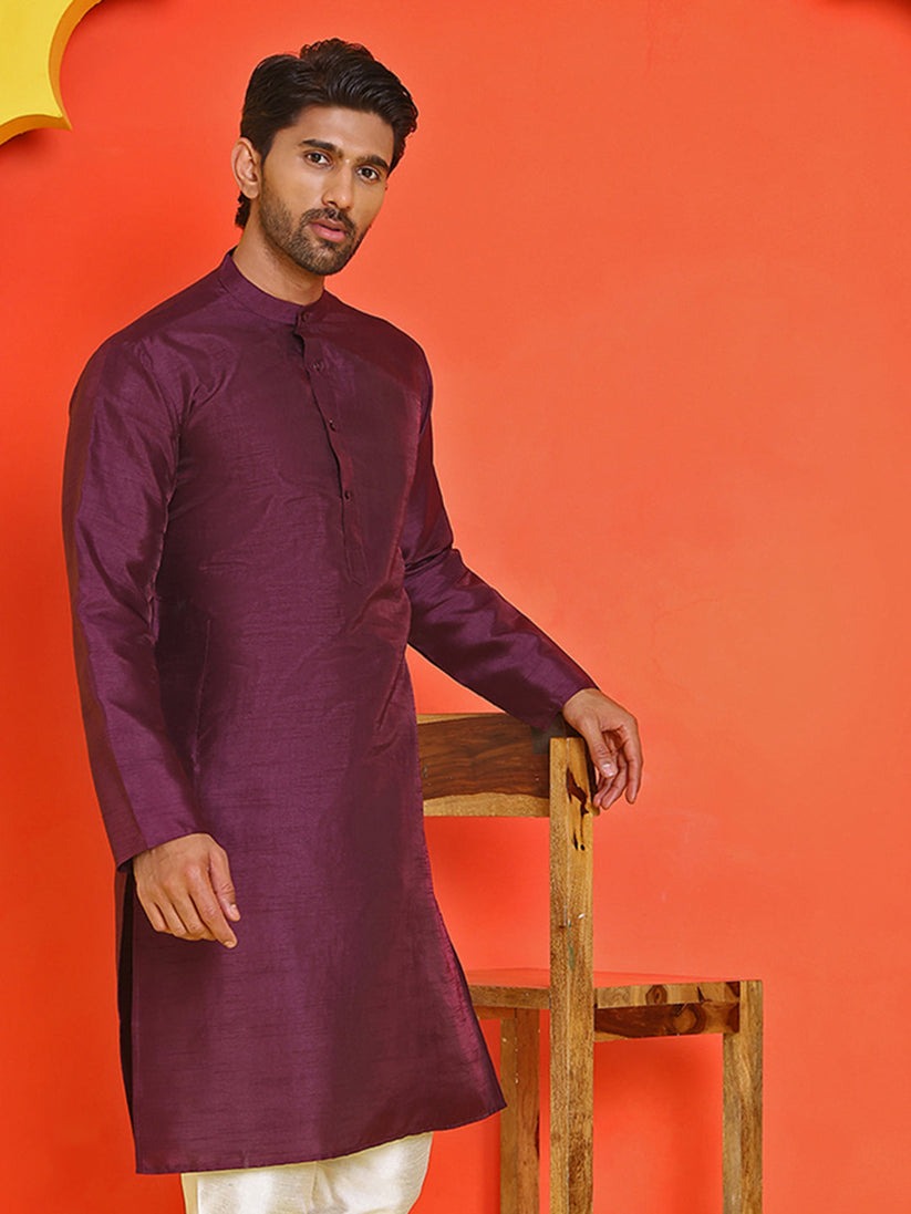 Solid Purple dupion silk kurta for men ( Top Only)