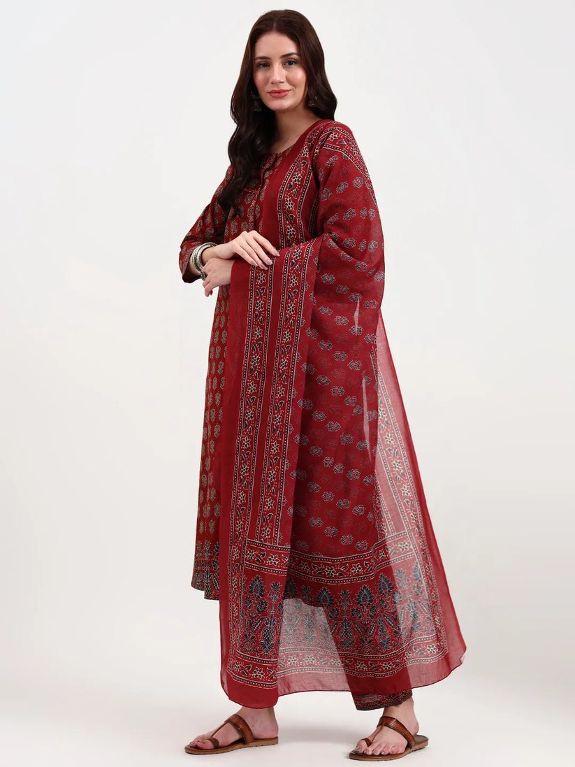 Maroon Cotton Anarkali kurti Palazzo set with dupatta