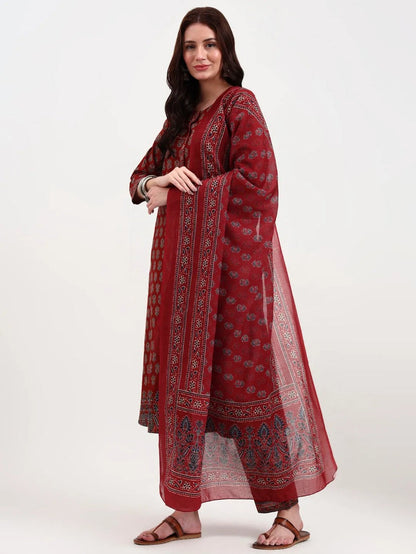 Maroon Cotton Anarkali kurti Palazzo set with dupatta