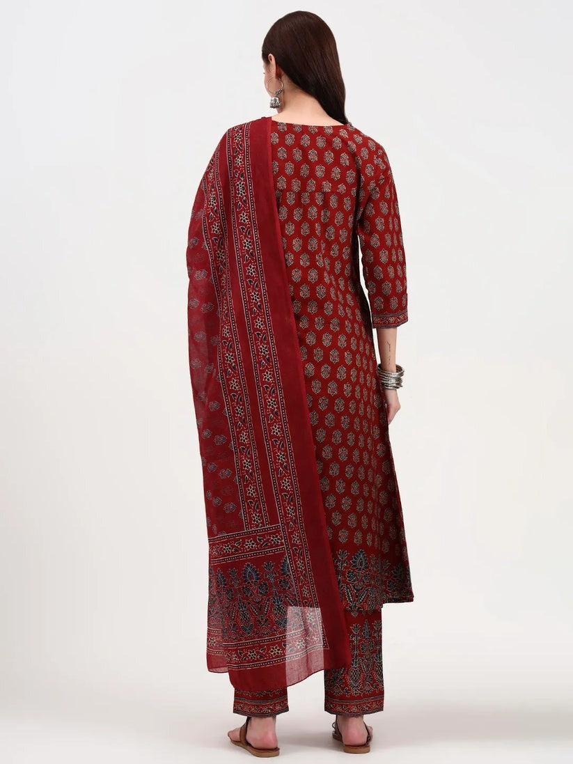 Maroon Cotton Anarkali kurti Palazzo set with dupatta