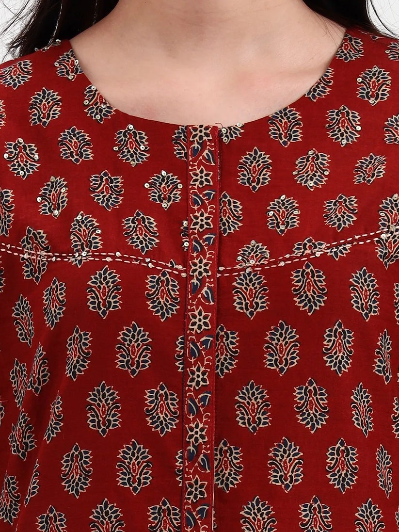 Maroon Cotton Anarkali kurti Palazzo set with dupatta