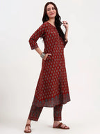 Maroon Cotton Anarkali kurti Palazzo set with dupatta