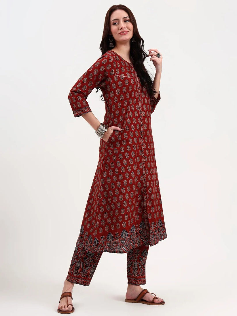 Maroon Cotton Anarkali kurti Palazzo set with dupatta