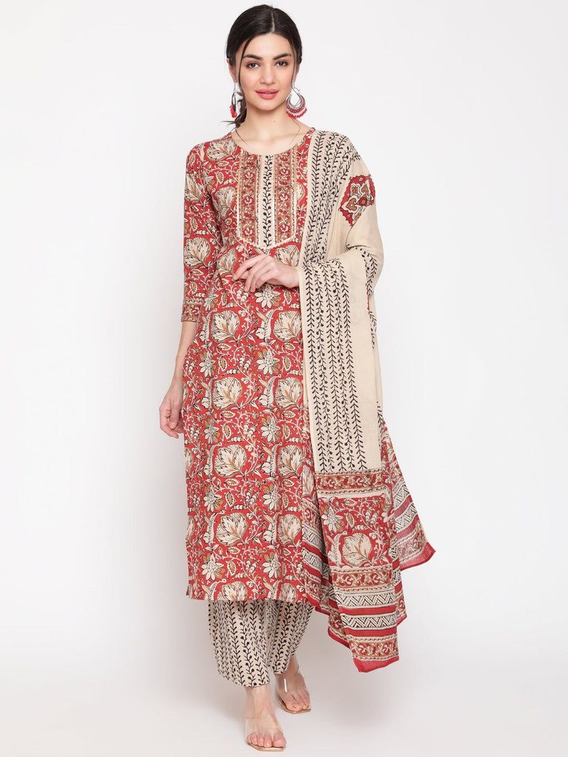 Beige & Maroon Printed cotton  Kurti Set