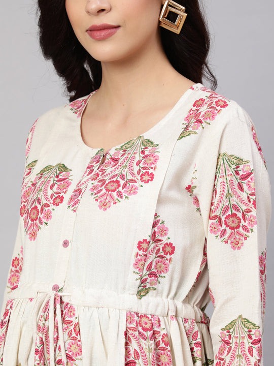Off White Block  printed Cotton Maternity Dress