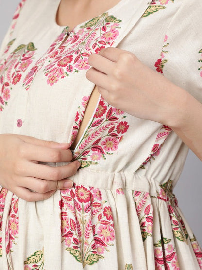 Off White Block  printed Cotton Maternity Dress