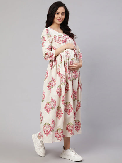 Off White Block  printed Cotton Maternity Dress