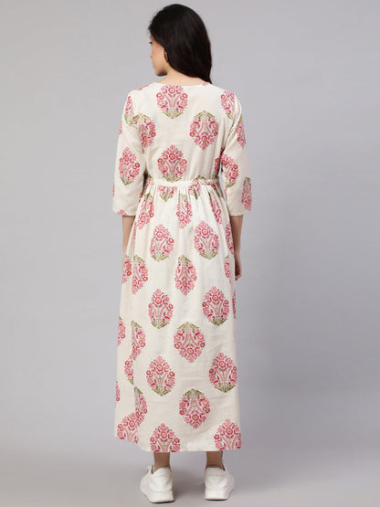 Off White Block  printed Cotton Maternity Dress