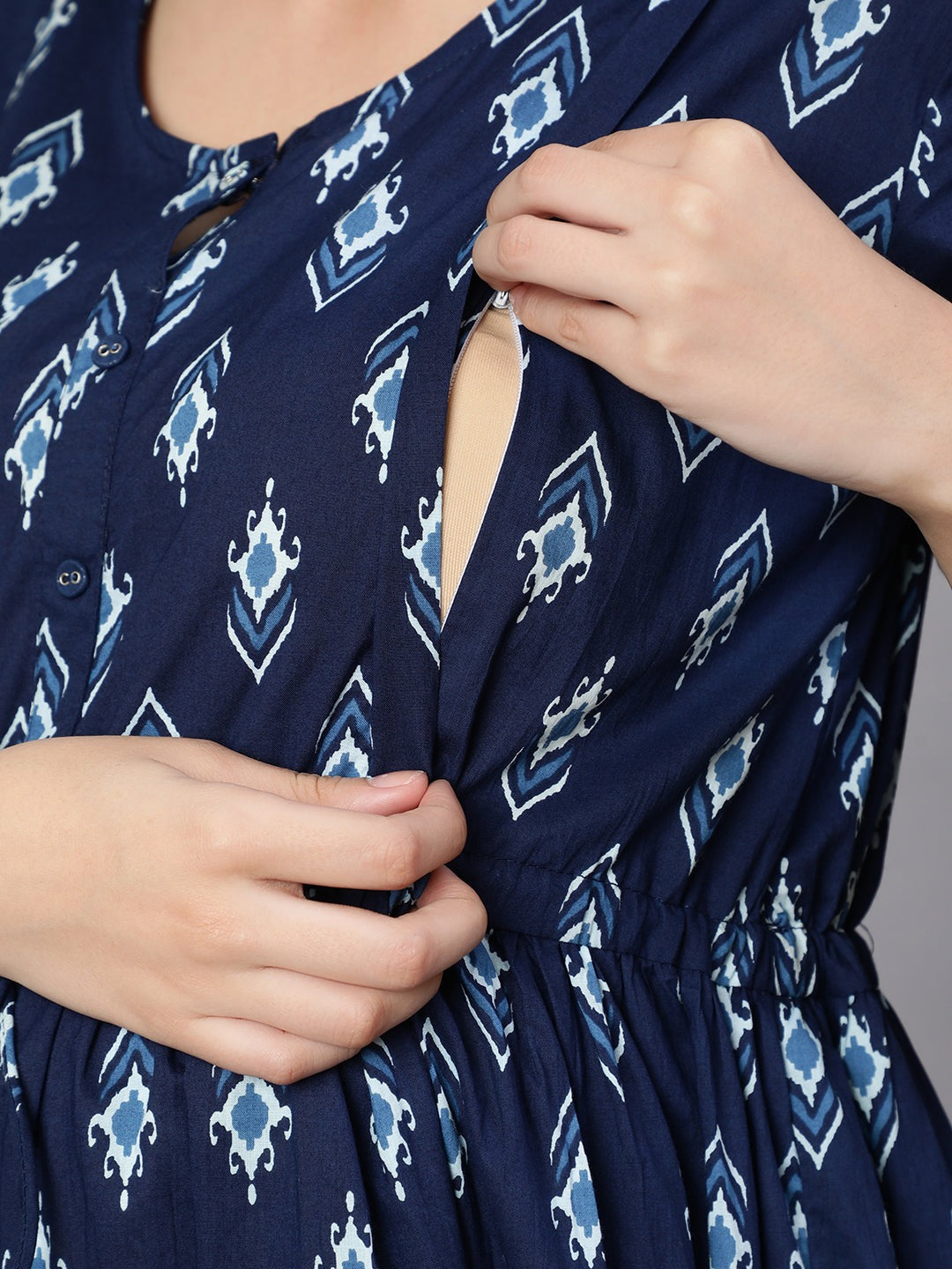 Navy Blue printed Cotton Maternity Dress