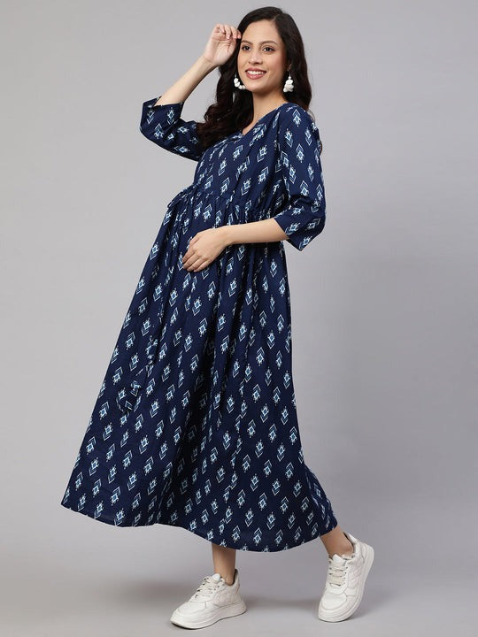 Navy Blue printed Cotton Maternity Dress natelife Navy Blue printed Cotton Maternity Dress natelife