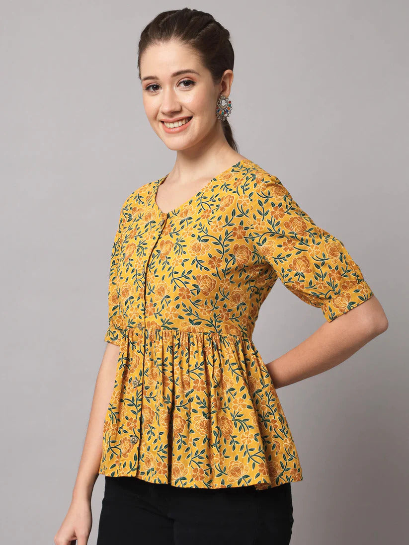 Mustard Yellow Cotton Floral Printed Top