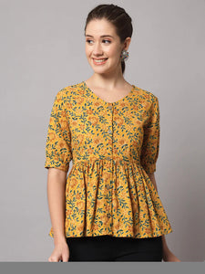 Mustard Yellow Cotton Floral Printed Top