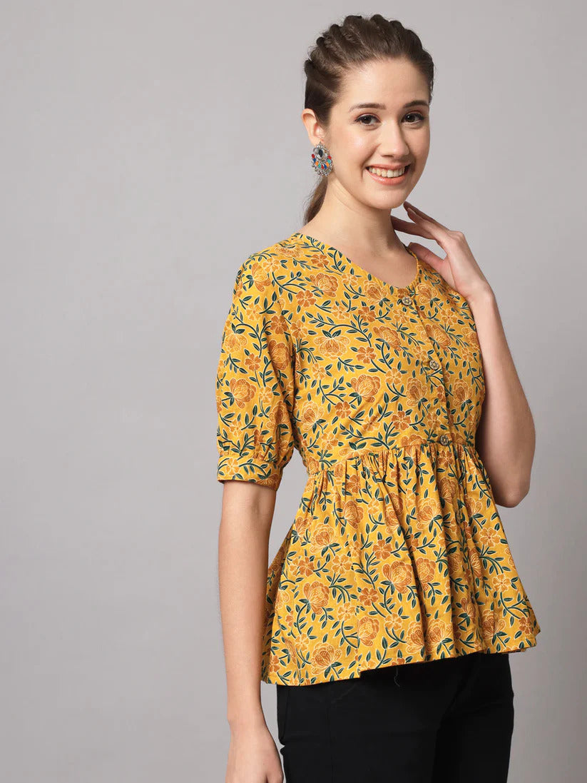 Mustard Yellow Cotton Floral Printed Top
