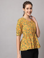 Load image into Gallery viewer, Mustard Yellow Cotton Floral Printed Top
