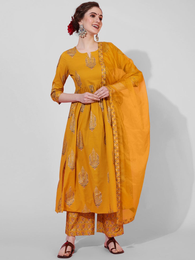 Gold Foil Block Printed Rayon Naira Cut Kurti Set