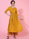 Gold Foil Block Printed Rayon Naira Cut Kurti Set