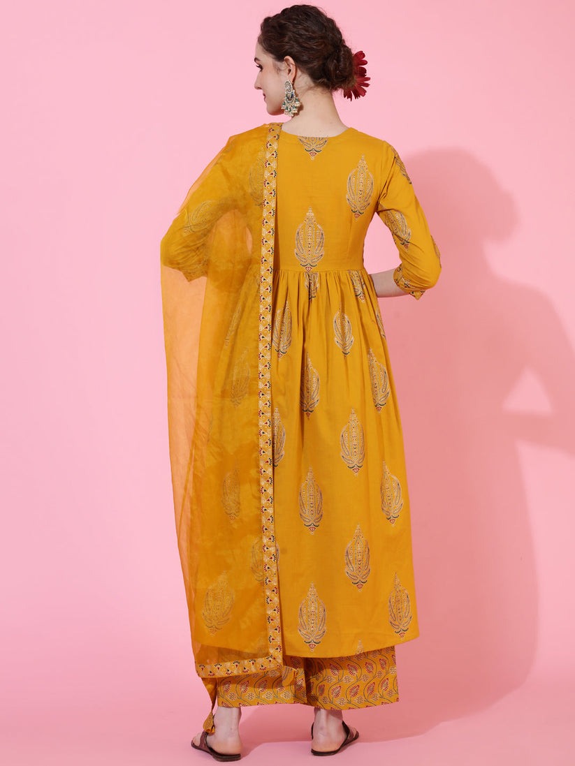 Gold Foil Block Printed Rayon Naira Cut Kurti Set
