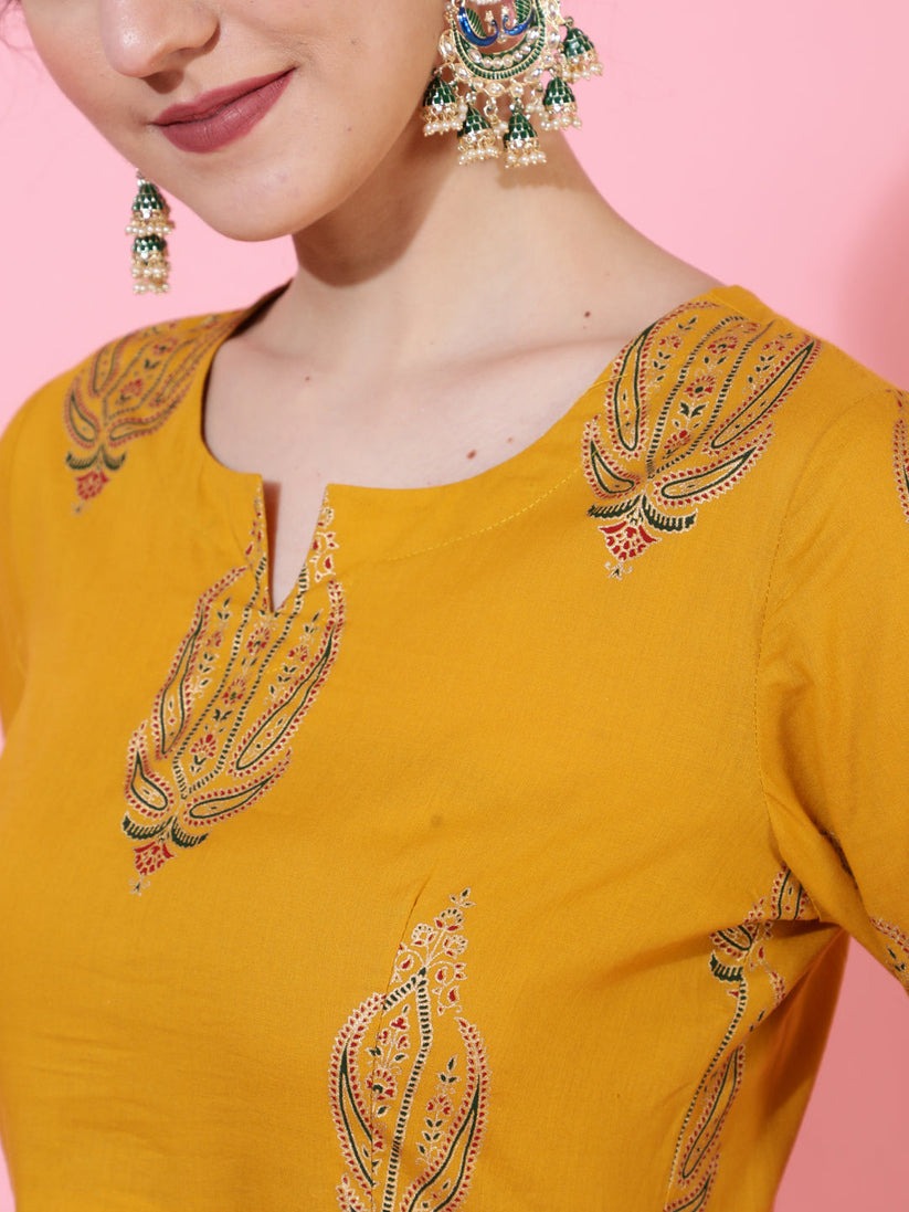 Gold Foil Block Printed Rayon Naira Cut Kurti Set