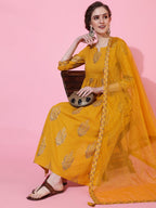 Gold Foil Block Printed Rayon Naira Cut Kurti Set