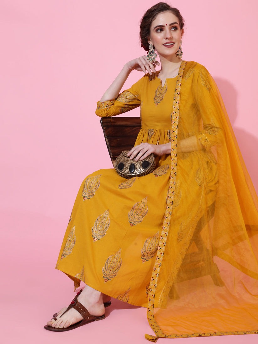 Gold Foil Block Printed Rayon Naira Cut Kurti Set