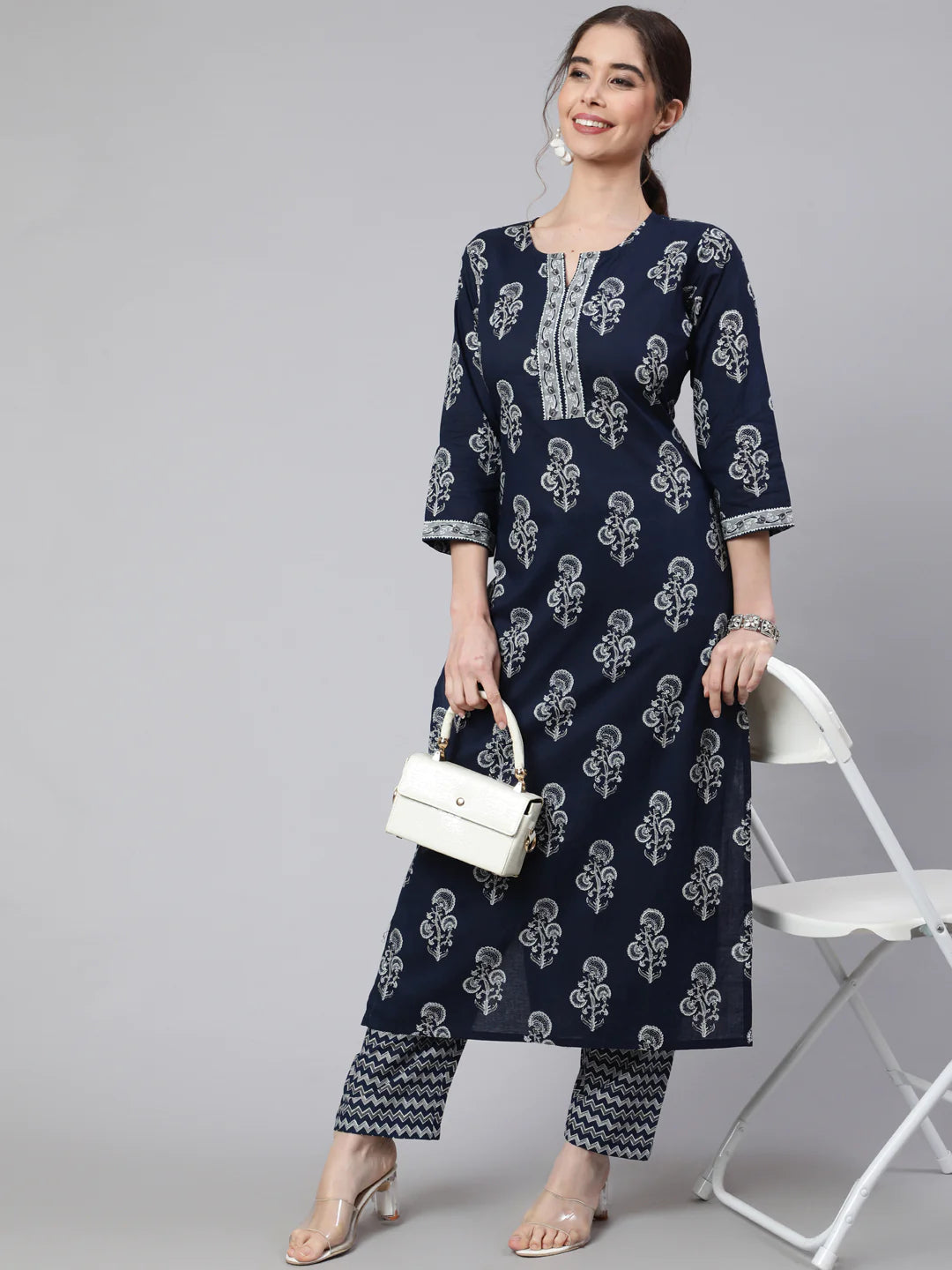 Navy Blue & Grey Block Printed Cotton Kurti With Pants