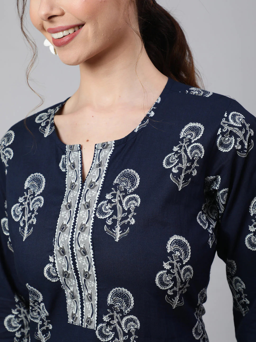 Navy Blue & Grey Block Printed Cotton Kurti With Pants