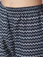 Navy Blue & Grey Block Printed Cotton Kurti With Pants