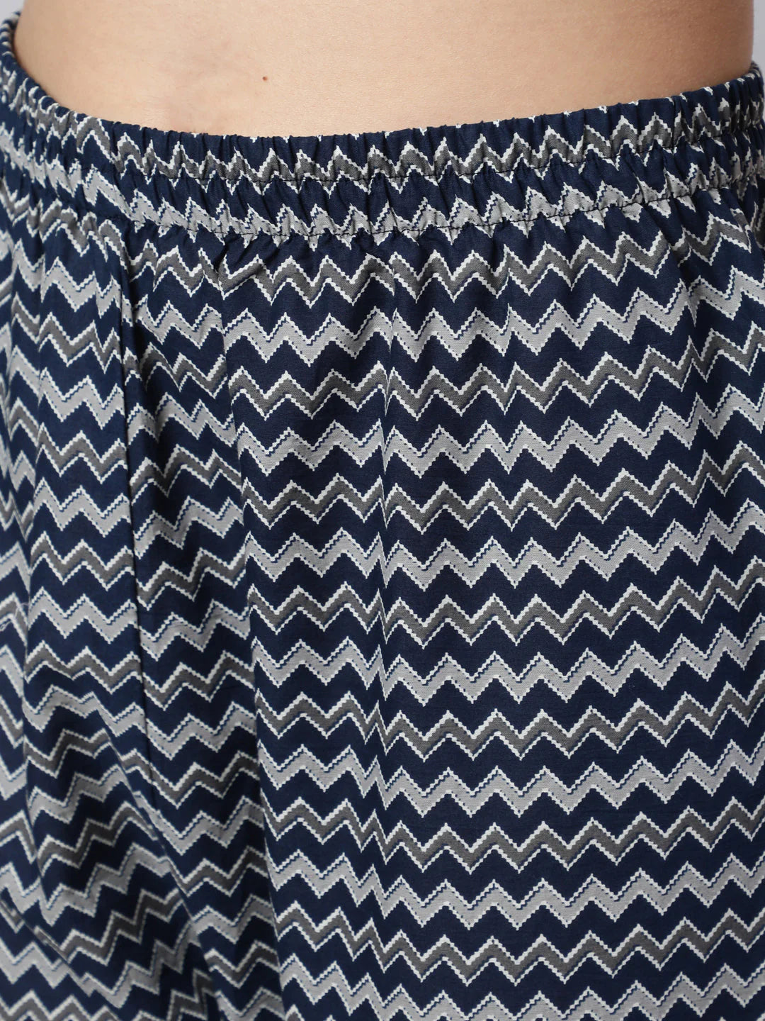 Navy Blue & Grey Block Printed Cotton Kurti With Pants