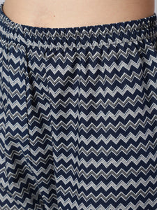 Navy Blue & Grey Block Printed Cotton Kurti With Pants