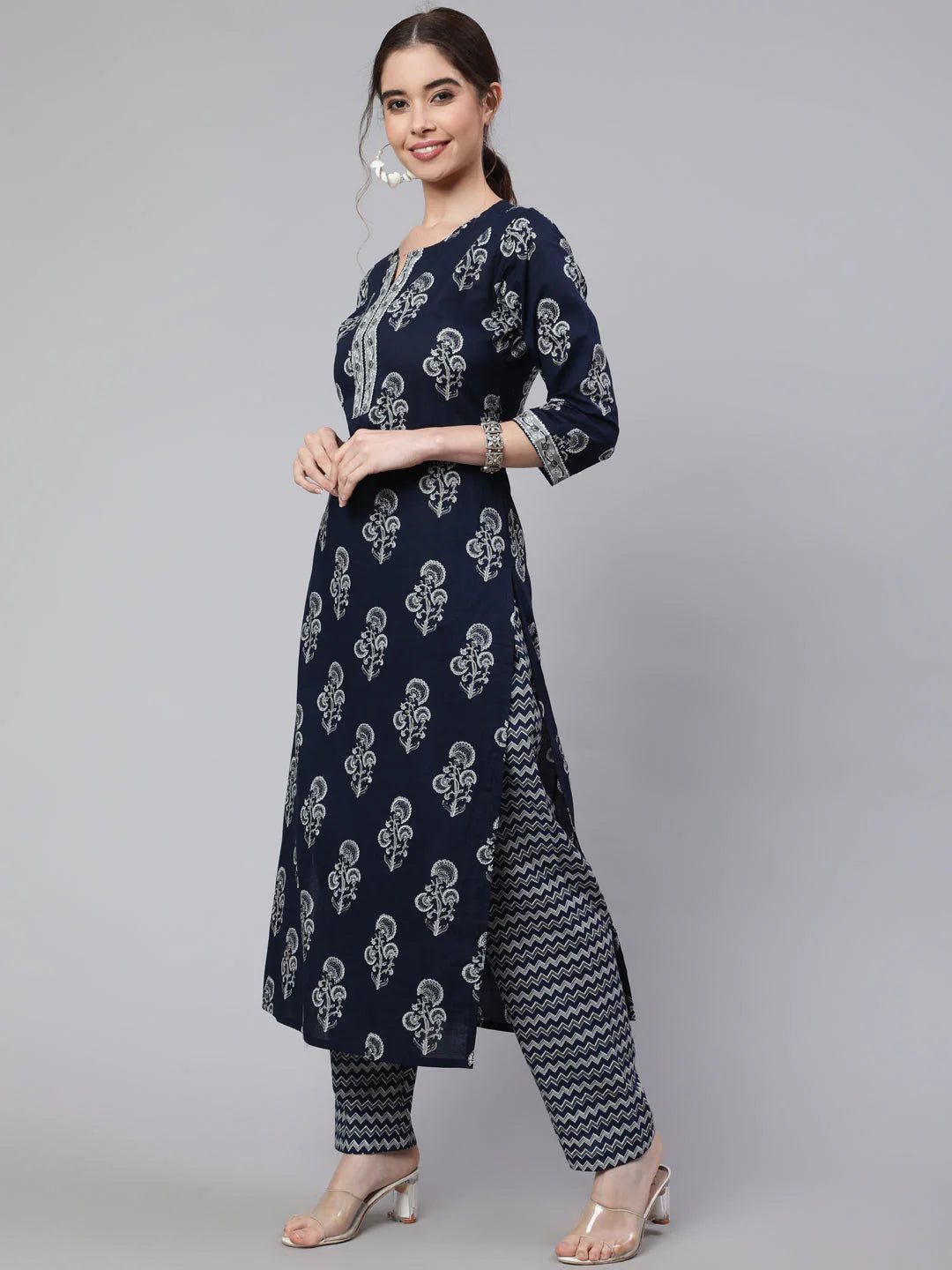 Navy Blue & Grey Block Printed Cotton Kurti With Pants