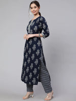 Load image into Gallery viewer, Navy Blue &amp; Grey Block Printed Cotton Kurti With Pants

