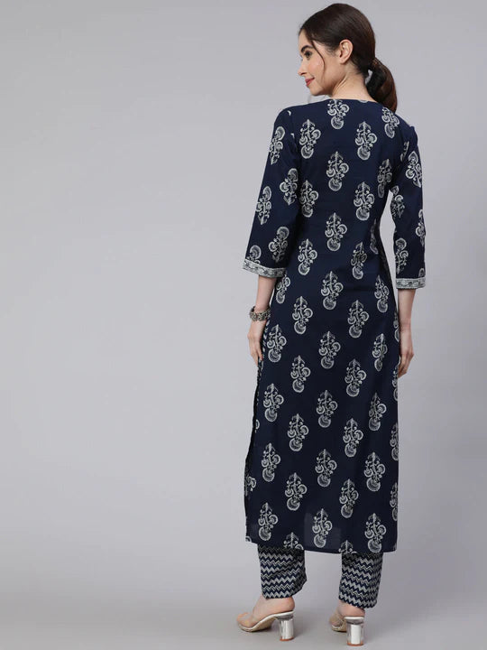 Navy Blue & Grey Block Printed Cotton Kurti With Pants