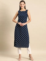 Load image into Gallery viewer, Navy Blue Ethnic Printed Cotton  Kurti Top
