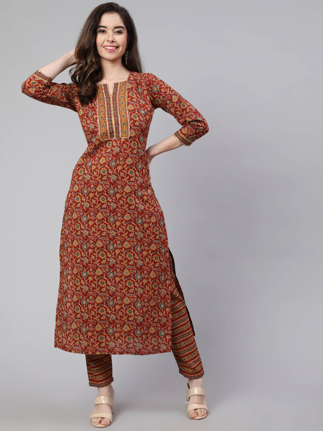 Maroon Floral Printed Pure Cotton Kurti With Pants Set