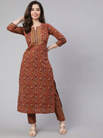 Load image into Gallery viewer, Maroon Floral Printed Pure Cotton Kurti With Pants Set
