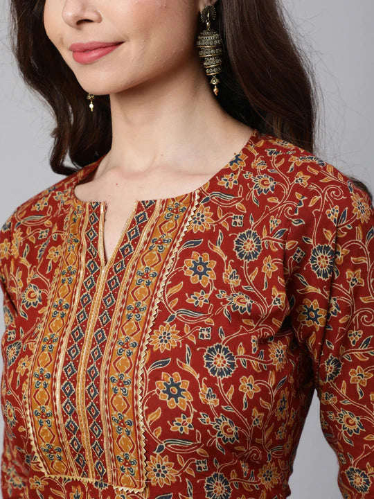 Maroon Floral Printed Pure Cotton Kurti With Pants Set