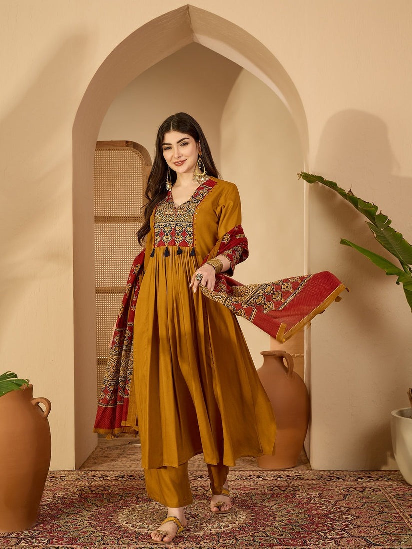 Solid Mustard  Ajrak Patched with Embroidery Rayon Anarkali Rayon Kurti Set
