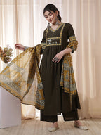 Mirror Embroidered Solid Rayon Anarkali Kurti Set