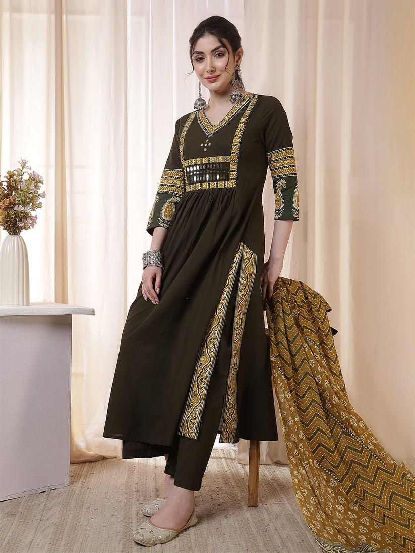 Mirror Embroidered Solid Rayon Anarkali Kurti Set