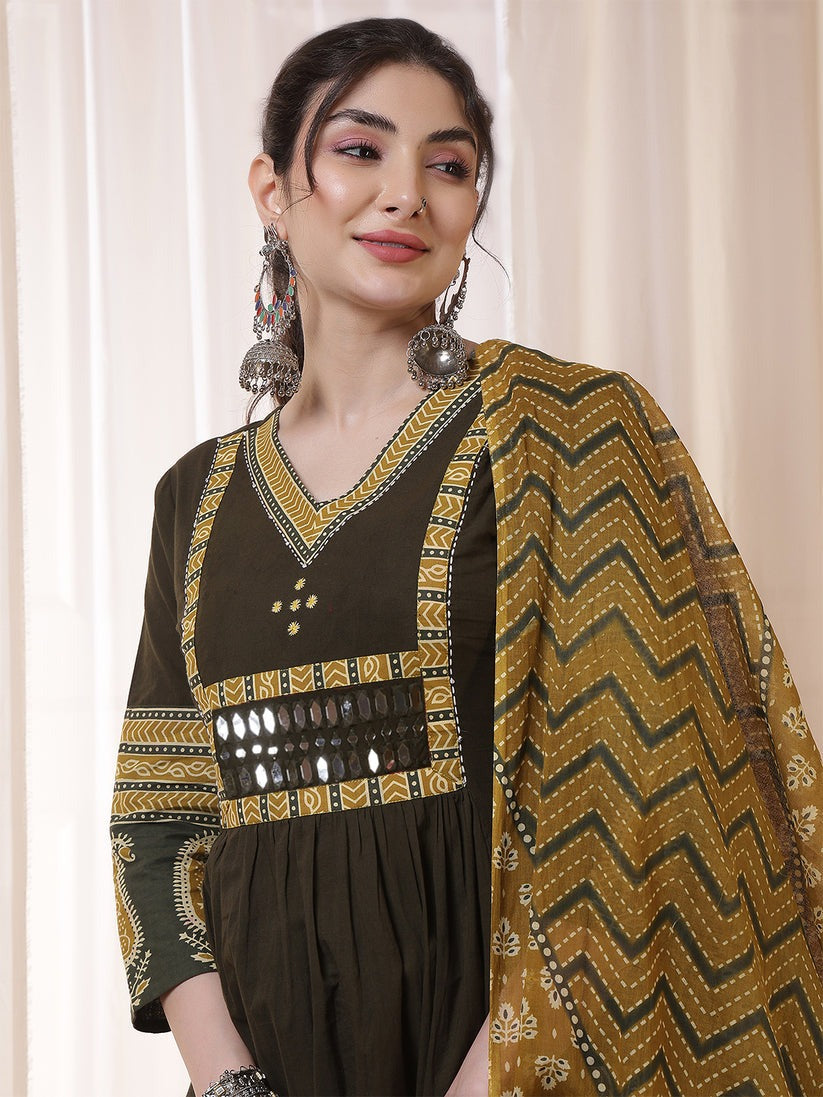 Mirror Embroidered Solid Rayon Anarkali Kurti Set