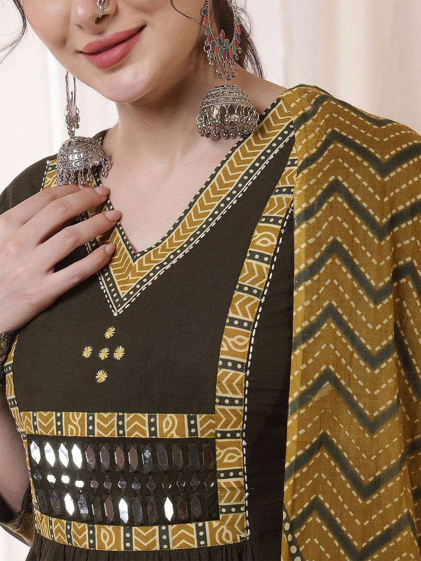 Mirror Embroidered Solid Rayon Anarkali Kurti Set