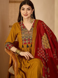 Solid Mustard  Ajrak Patched with Embroidery Rayon Anarkali Rayon Kurti Set