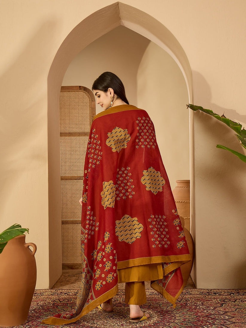 Solid Mustard  Ajrak Patched with Embroidery Rayon Anarkali Rayon Kurti Set