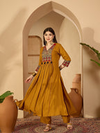Solid Mustard  Ajrak Patched with Embroidery Rayon Anarkali Rayon Kurti Set