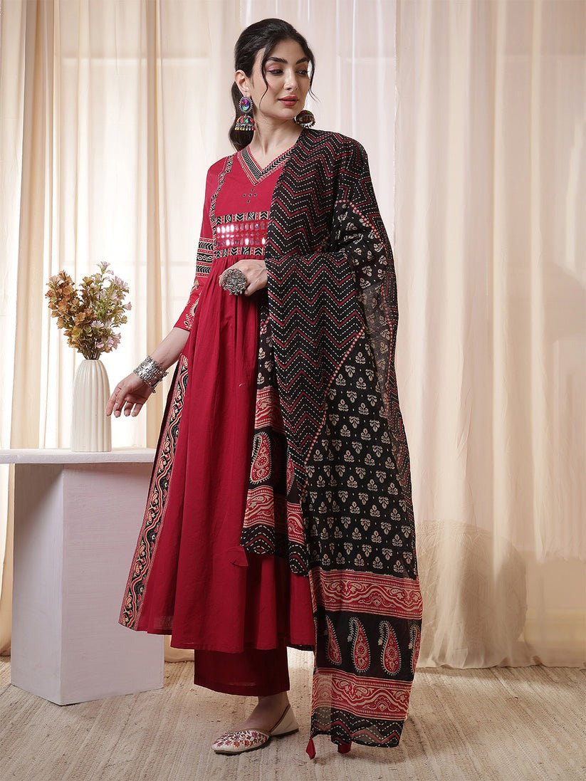 Mirror Embroidered Solid Rayon Anarkali Kurti Set