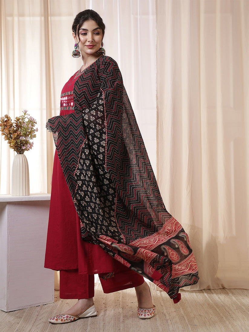 Mirror Embroidered Solid Rayon Anarkali Kurti Set