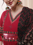 Mirror Embroidered Solid Rayon Anarkali Kurti Set